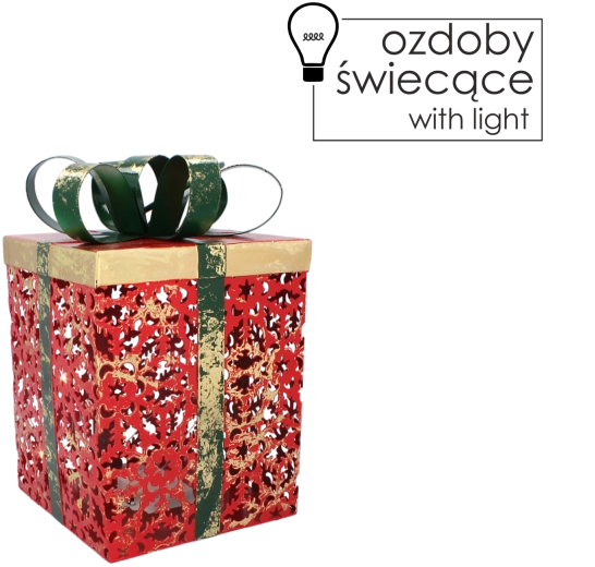 Metalen kerstcadeaubox met LED-verlichting, rood met groene strik, 16 × 16 × 26 cm