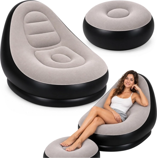 Opblaasbare relaxfauteuil met voetenbankje en fluwelen oppervlak, lichtbruin