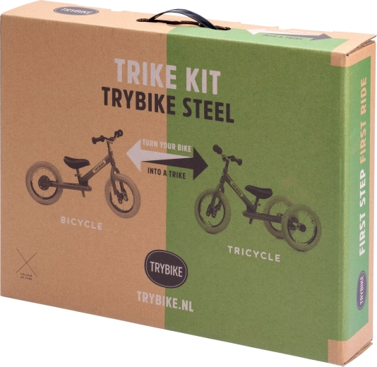 Trybike ombouwset van loopfiets naar driewieler met zwart wiel