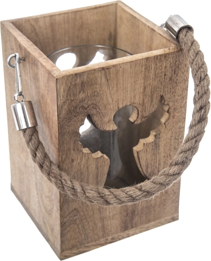 Kandelaar van mangohout en glas met engelmotief