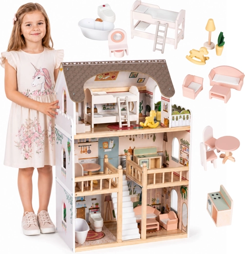 Ecotoys houten poppenhuis Laura met 3 verdiepingen en 15 meubelstukken