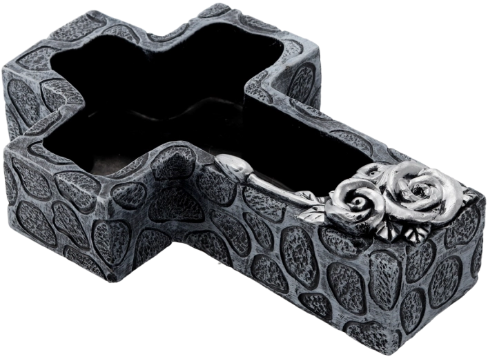 Cementen grafbloempot in kruisvorm, donkergrijs met zilverkleurige details 28 × 18 × 7,5 cm