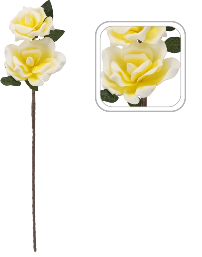 Decoratieve kunstroos met 2 bloemen 72 cm geel