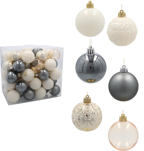 Set kerstballen 6 cm – champagne, grijs en wit (66 stuks)