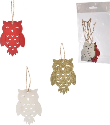 Hangende houten uil-decoratie, kleurenmix, 6 stuks