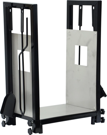 Haardhoutmand met gereedschap, roestvrij staal en staal, set van 4 stuks, hoogte 62 cm