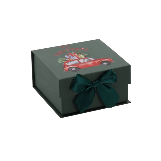 Kerstcadeaudoosje met autootje en groene strik - 1 stuk