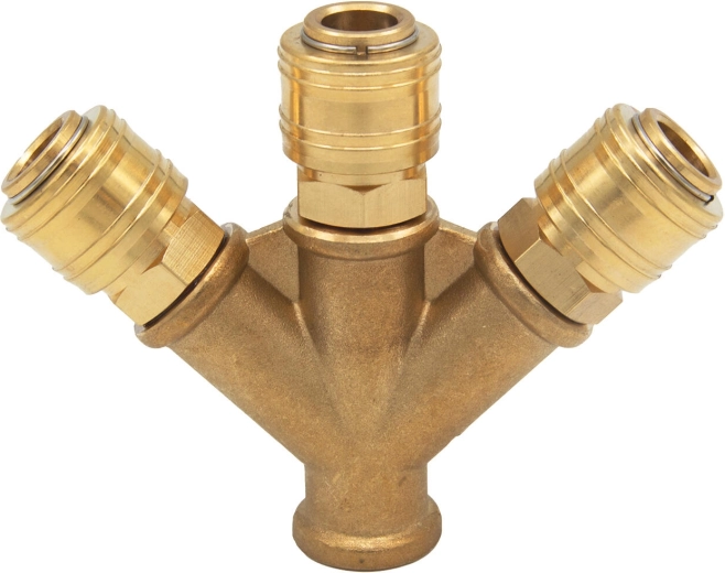 Messing T-stuk met binnendraad 3/8" en drie snelkoppelingen