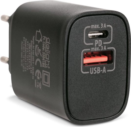 Netadapter USB-A en USB-C PD 20 W met snel opladen, zwart