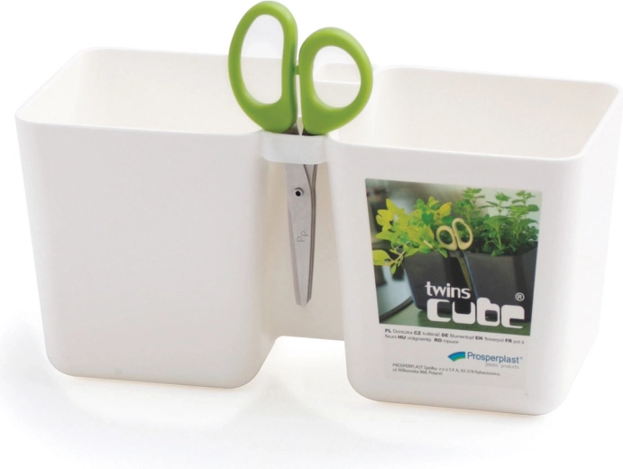 Bloempot Twins Cube wit voor kruiden 24,4 cm met tuinschaar