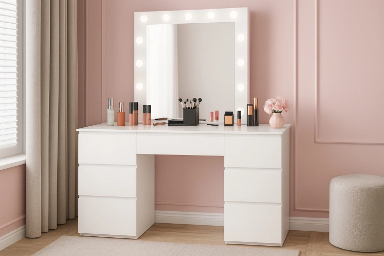 Witte cosmetische kaptafel met LED-spiegel en 7 lades