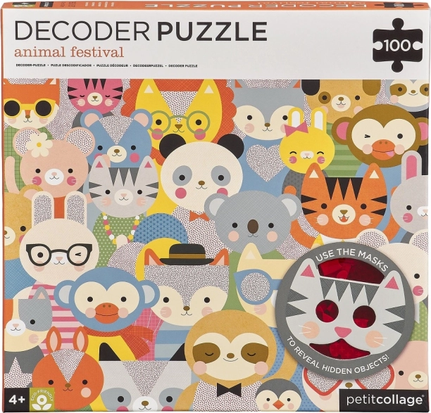 Petit Collage decodeerpuzzel Dierenfestival met 3D-bril, 100 stukjes