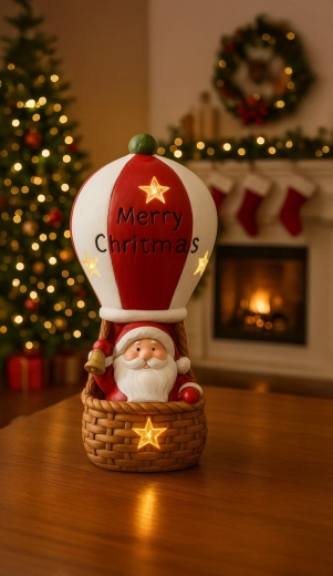 Kerstfiguur van de Kerstman in een heteluchtballon met LED-verlichting 20 × 20 × 43 cm