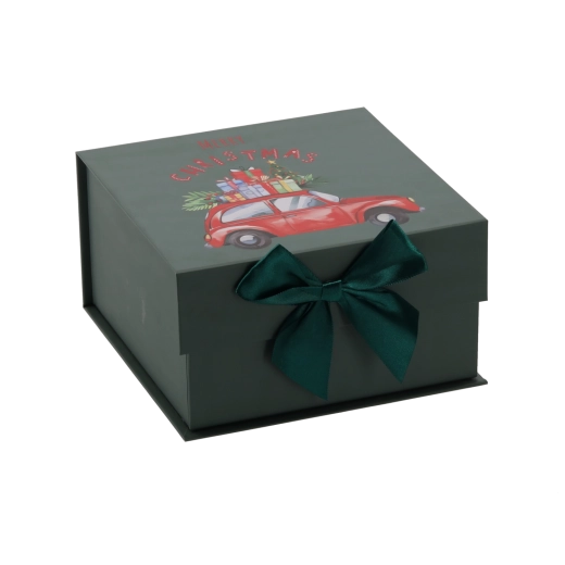 Kerstcadeaudoosje met automotief en groene strik 20 × 20 × 11 cm - 1 stuk