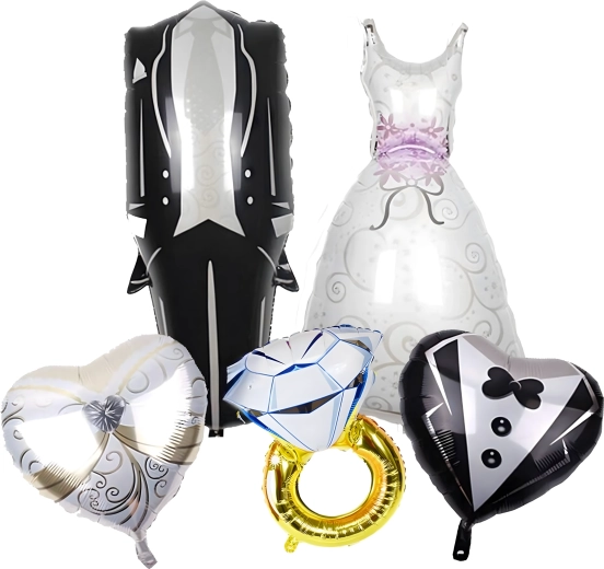 Trouwballonnen – jurk, smoking, hart en verlovingsring, 5 stuks