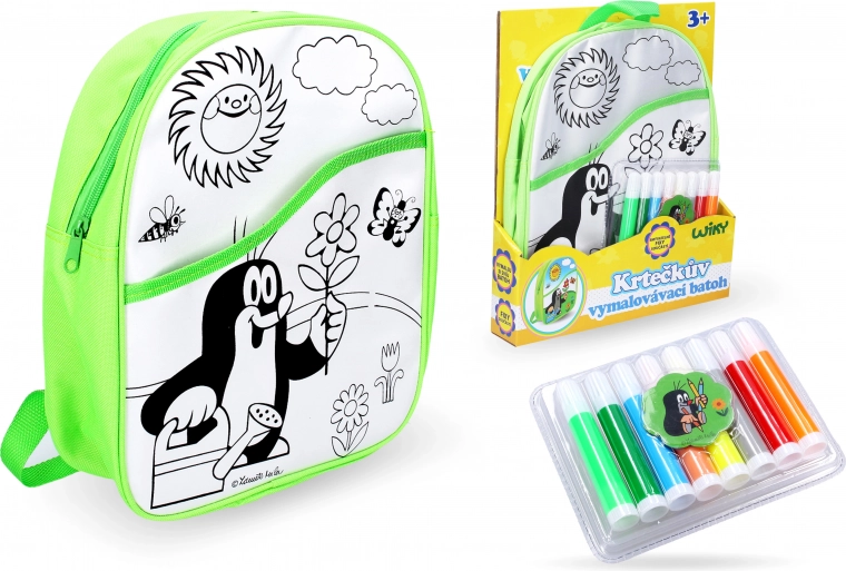 Kleurplaat-rugzak Mol met groene achtergrond 30 cm + 8 textielstiften