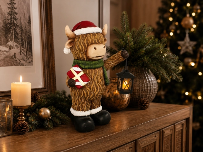 Kerstdecoratief beeldje van een bergkoe met LED-lampion