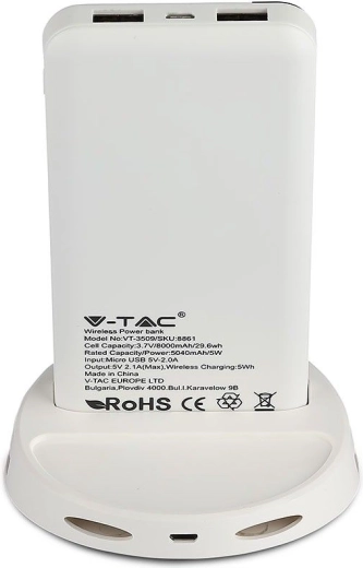 V-TAC powerbank 8000 mAh met draadloos Qi-opladen en standaard