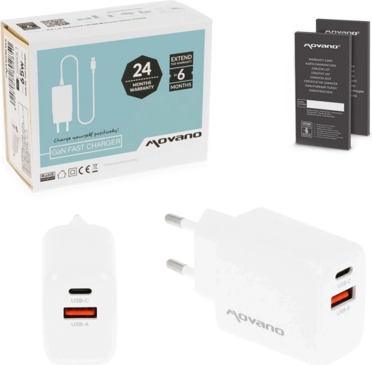Movano GaN-oplader 30 W USB-C PD + USB-A wit - 1 stuk