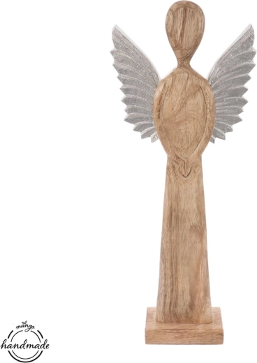 Houten decoratieve engel met metalen vleugels in mangotint, 42,5 cm