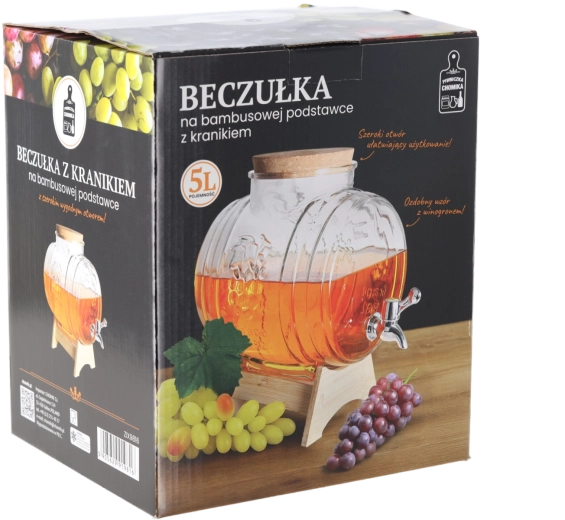 Beczułka glazen drankdispenser Druif 5 l met bamboe standaard