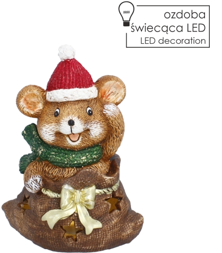 Kerstfiguur van een hamster met een zak en LED-verlichting