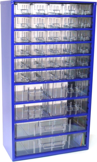 Metalen ladeblok TOKOZ, 30 kleine, 4 middelgrote en 2 grote laden, 30,5 × 55 × 15,5 cm, blauw