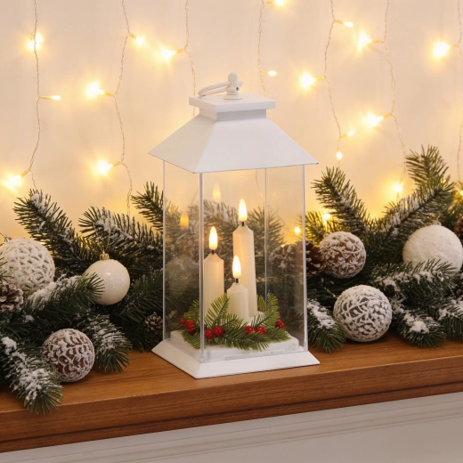 Witte LED-lantaarn met drie kaarsen en timer 14 × 14 × 27 cm