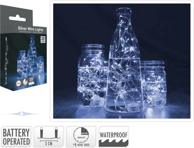 Lichtsnoer 1,3 m 20 LED koud wit, waterdicht met timer