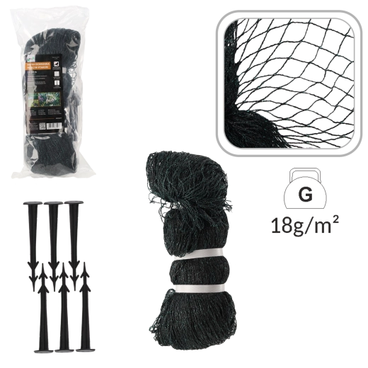 Vogelwerend net 2 × 10 m, 18 g/m² + 6 kunststof haringen