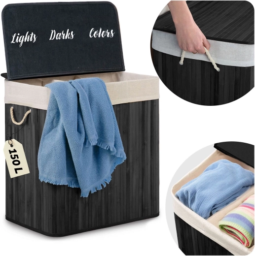 Bamboe wasmand met deksel 150 l, 3-vaks