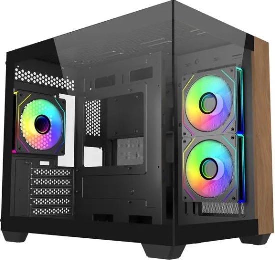 Elite 481 Wood mATX PC-behuizing met 270° panoramaglas
