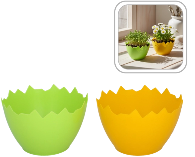 Kunststof decoratieve bloempot in de vorm van een gebarsten eierschaal 15 cm