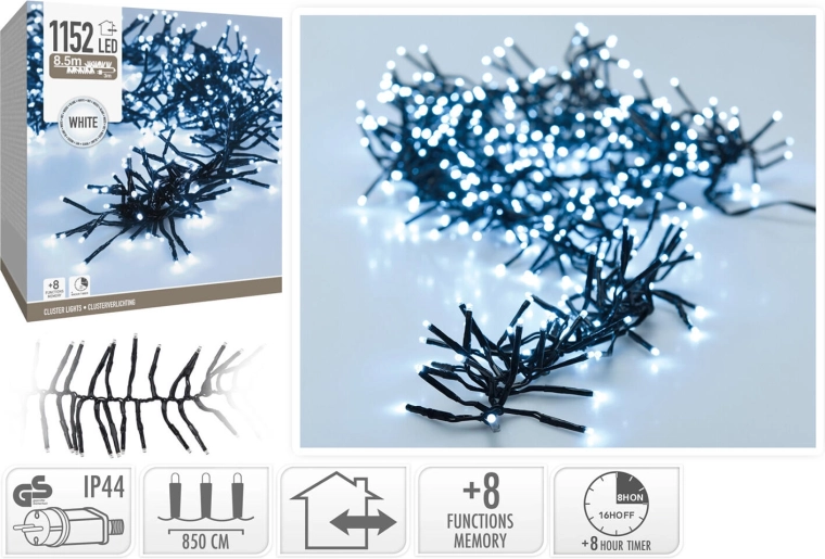 Kerst LED-lichtsnoer 8,5 m, koud wit, 1152 LED's, 8 functies met timer