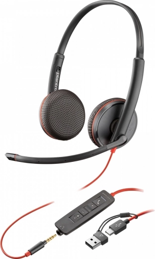 Headset POLY Blackwire 3225 USB‑C met USB‑A adapter en 3,5 mm