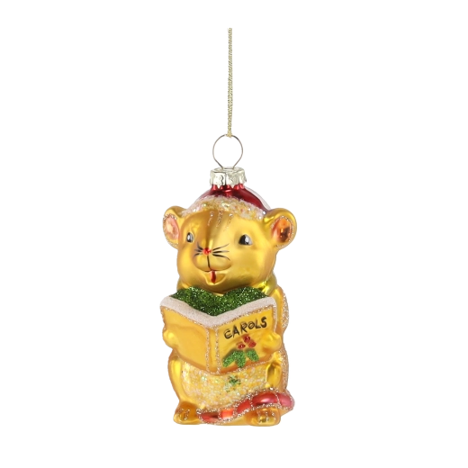 Glazen kerstornament gouden hamster met carols