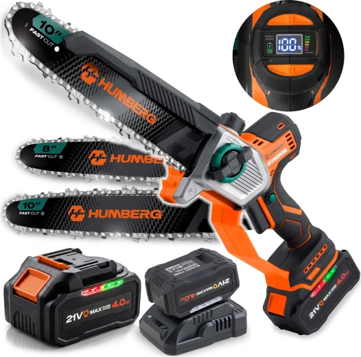 Humberg accu mini kettingzaag 21 V 4,0 Ah met 8" en 10" zaagbladen