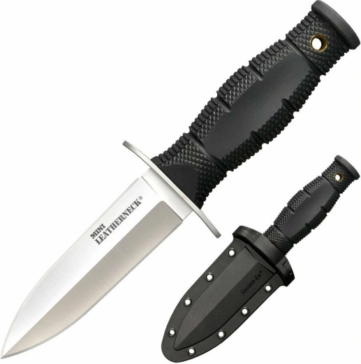 Cold Steel Mini Leatherneck Double Edge – kleine nekmessen 9 cm, zwart, Kraton, Secure-Ex schede