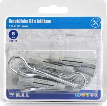 Knoopplug met haak 10 × 61 mm, wit zink, 6 stuks