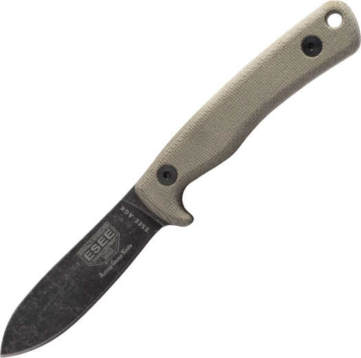 Jachtmes ESEE AGK, 9 cm, Black Stonewash, grijze Micarta, leren foedraal