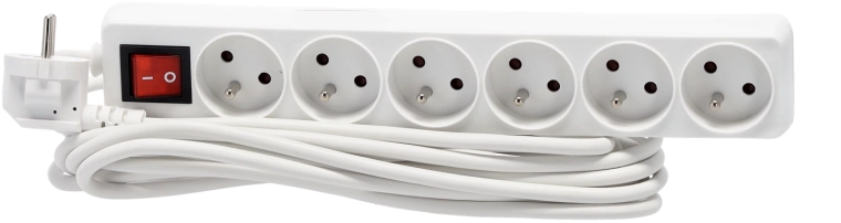 Overspanningsstekkerdoos met schakelaar, 6 stopcontacten, 5 m, wit