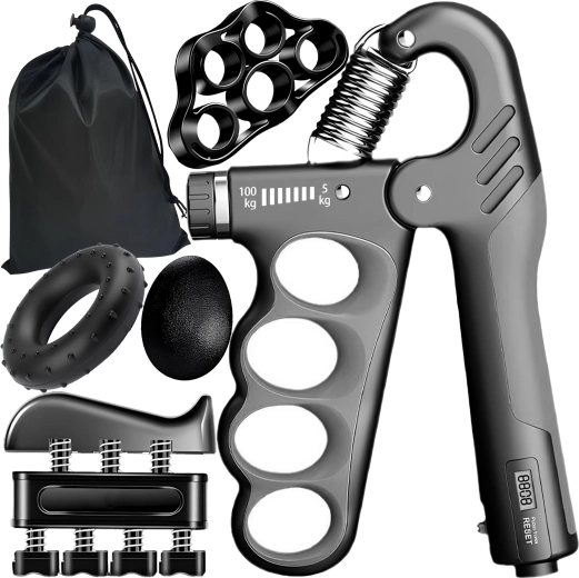 RENEW FORCE set handgreeptrainers 6-in-1 met instelbare weerstand 5–100 kg, teller en etui (grijs)