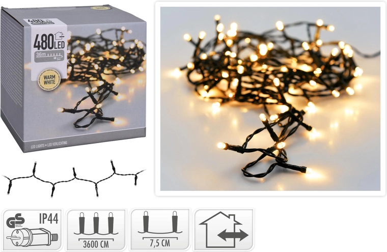Kerst LED-verlichting 36 m, 480 LED, warm wit, groene draad - 1 stuk