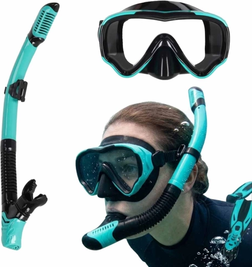 Snorkelset met panoramische duikbril en droge snorkel, blauw‑zwart