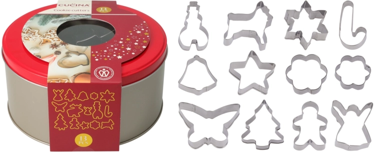 Set van 12 roestvrijstalen koekjesuitstekers in een metalen doos