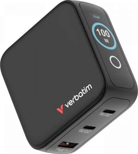 Verbatim mini GaN-oplader 100 W met slim TFT-display, 2× USB-C + USB-A, adapters EU/UK/USA