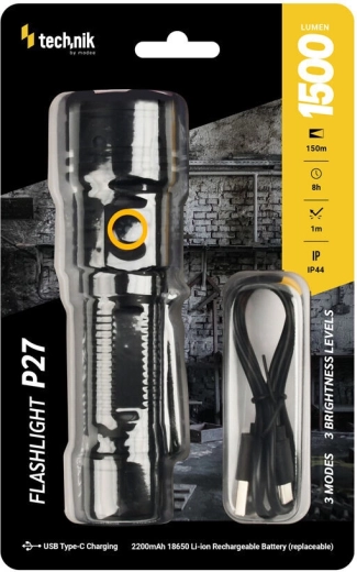 Technik MT-P27 zaklamp 1500 lm met USB‑C en vervangbare 18650‑batterij