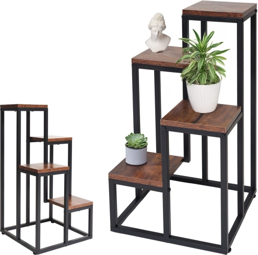 Metalen bloemenstandaard met 4 niveaus in antiek-eiken decor - 1 stuk