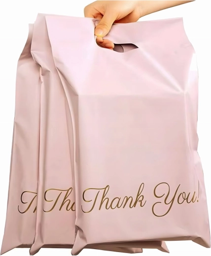 Roze koeriersenveloppen met handgreep en THANK YOU-bedrukking 400 × 500 + 70 mm - 50 stuks