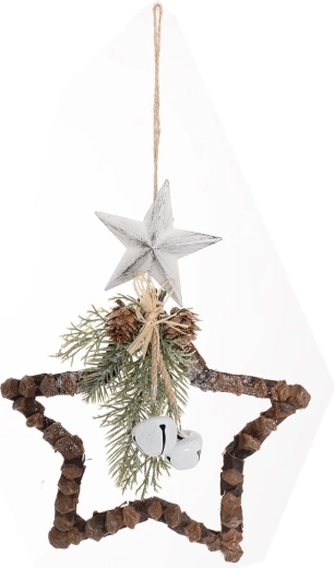 Hangende kerstdecoratie ster met dennenmotief en belletjes